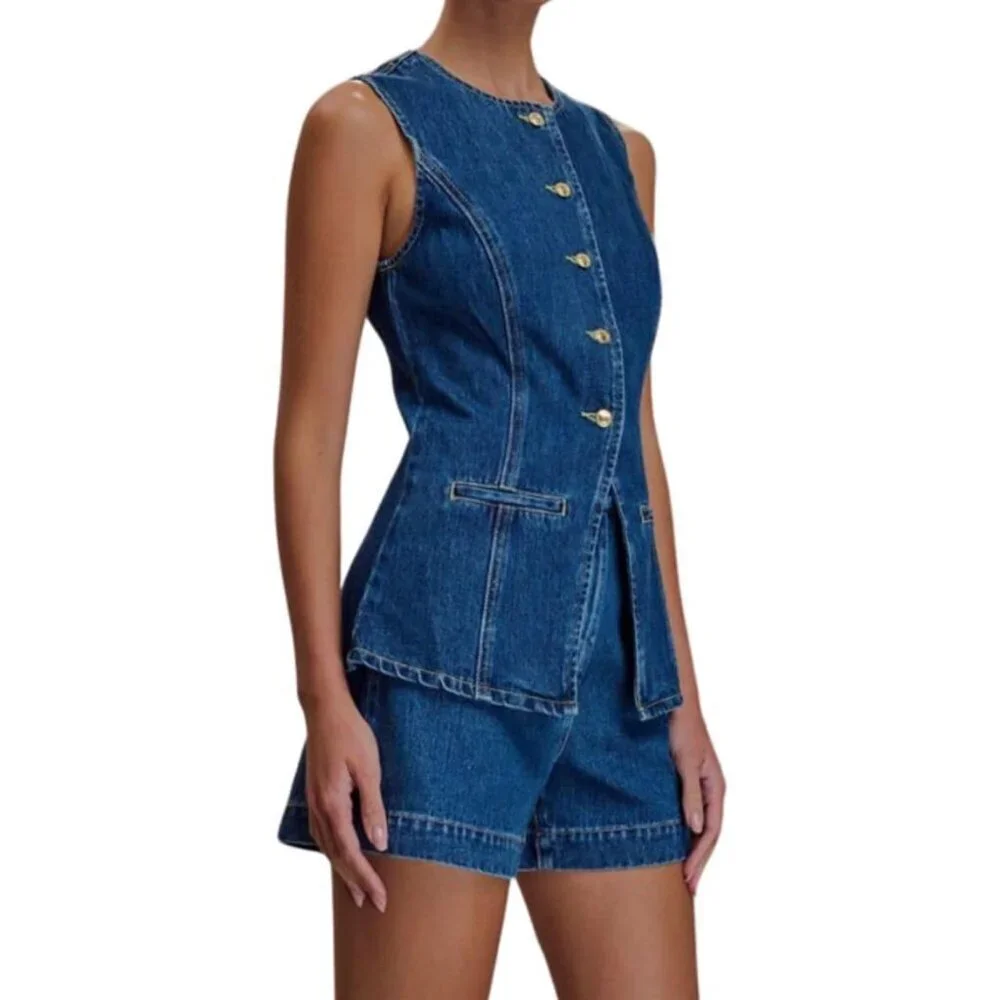 Women's Denim 2 Piece Set Sleeveless Button High Waist Shorts Casual Outfit